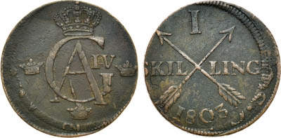 Артикул №25-12828,  Королевство Швеция. 1 скиллинг 1803 года. Перечекан из 2 эре XVIII века.
