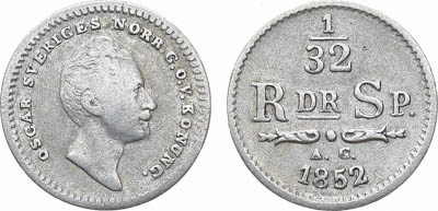 Артикул №25-12822,  Королевство Швеция. Король Оскар I. 1/32 риксдалера 1852 года.