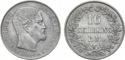 Артикул №25-12824,  Королевство Дания. Король Фредерик VII. 16 скиллингов 1858 года.