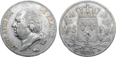 Артикул №25-19224,  Франция. Королевство. Король Людовик XVIII. 5 франков 1822 года.