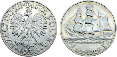 Артикул №25-19261,  Польша. Вторая республика. 5 злотых 1936 года. 15 лет морскому порту Гдыня (Гданьск).