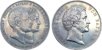 Артикул №25-19384,  Германия. Империя. Королевство Бавария. Король Людвиг I. 2 талера 1842 года. Свадьба наследного принца Максимилиана и Марии принцессы Прусской.