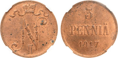 Артикул №25-19692, 5 пенни 1917 года. Вензель Николая II. В слабе ННР MS 63 RB.