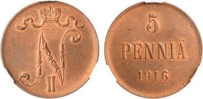 Артикул №25-19690, 5 пенни 1916 года. В слабе CPRC MS 64 RB.