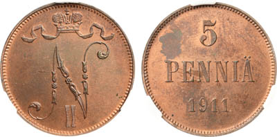 Артикул №25-19688, 5 пенни 1911 года. В слабе CPRC MS 63 RB.