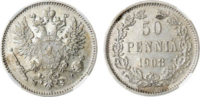 Артикул №25-19738, 50 пенни 1908 года. L. В слабе ННР AU 55.