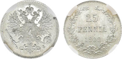 Артикул №25-19745, 25 пенни 1909 года. L. В слабе ННР MS 64.