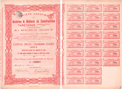 Артикул №25-22097, Акция 1924 года. Марсинель (Бельгия). Сталелитейные заводы и цеха. Торецкое и Дружковка (Донецкая обл.). Акция привилегированная на 500 франков 1924 года.