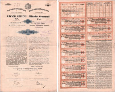 Артикул №25-22099, Облигация 1903 года. Венгрия. Венгерский коммерческий банк Пешта. Облигация 3 1/2% заема в 500 франков 1903 года.