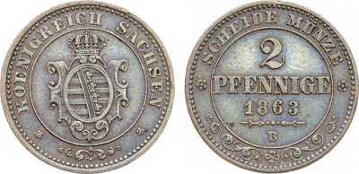 Артикул №25-25365,  Германия. Королевство Саксония. Король Иоганн. 2 пфеннига 1863 года. (В).