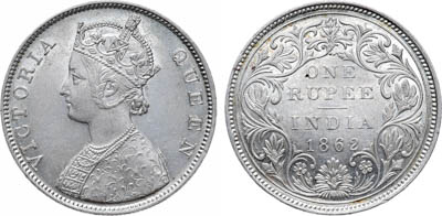 Артикул №25-25364,  Индия. Британская колония. Королева Виктория. 1 рупия 1862 года.