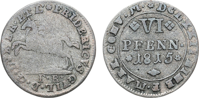 Артикул №25-46075,  Германия. Княжество Брауншвейг-Вольфенбюттель. Князь Фридрих Вильгельм. 6 пфеннигов 1815 года. (F.R.).