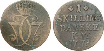 Артикул №25-46077,  Дания. Королевство. Король Кристиан VII. 1 скиллинг 1771 года.