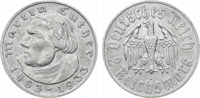 Лот №25-46080,  Германия. Третий Рейх. 2 рейхсмарки 1933 года.