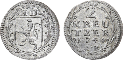 Лот №25-46083,  Германия. Ландграфство Гессен-Дармштадт. Граф Людвиг VIII. 2 крейцера 1744 года (А.К.).