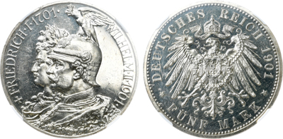 Артикул №26-00678,  Германская империя. Королевство Пруссия. Король Вильгельм II. 5 марок 1901 года. В слабе ННР UNC DET..