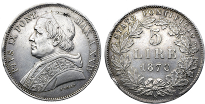 Артикул №26-00681,  Ватикан. Папская область. Папа Пий IX. 5 лир 1870 года.